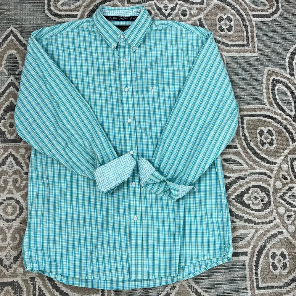 Wrangler George Straight Button Down Turquoise Plaid Contrast Trim Dress Shirt